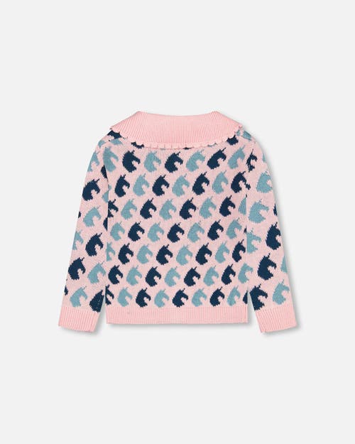 Shop Deux Par Deux Little Girl's Jacquard Knit Cardigan Pink Unicorn In Pink Jacquard Unicorn