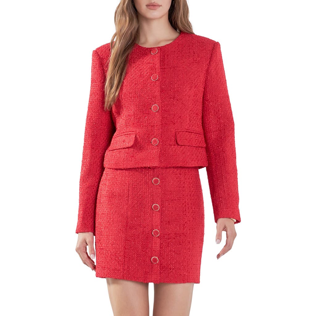 Shop Endless Rose Tweed Crop Jacket In Red