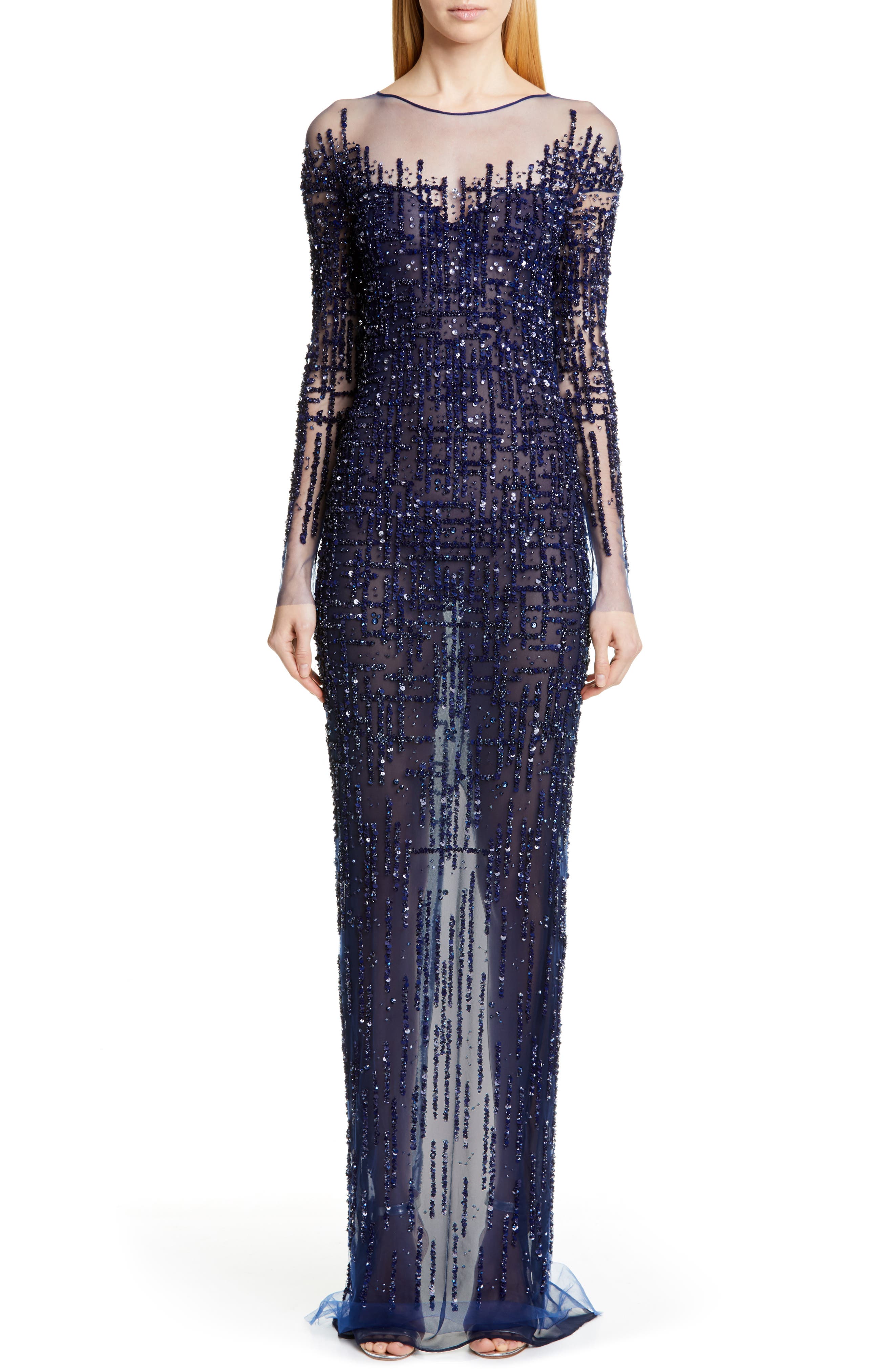 Pamella Roland Long Sleeve Sequin Column Gown