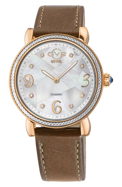 Ravenna Diamond Dial Swiss Quartz Leather Strap Watch, 37mm