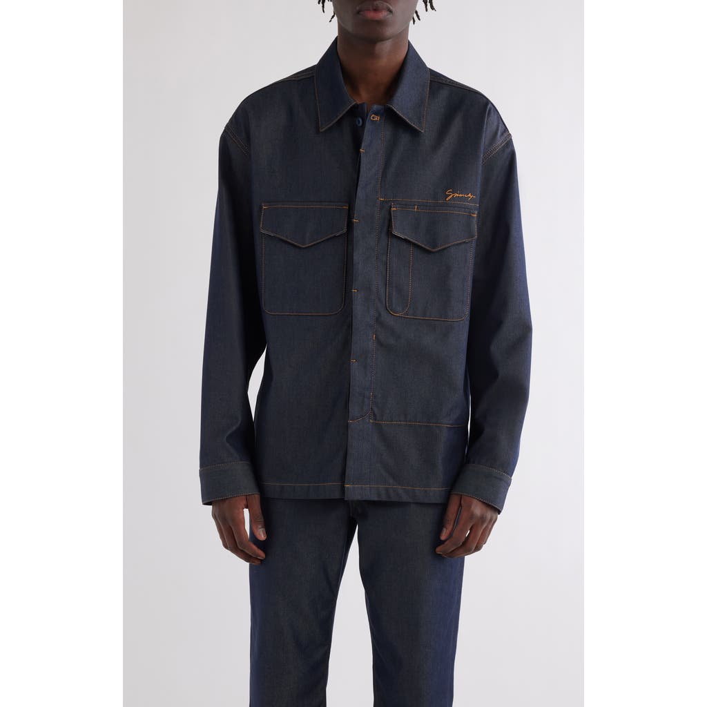 Givenchy Military Silk Blend Denim Overshirt In Indigo Blue