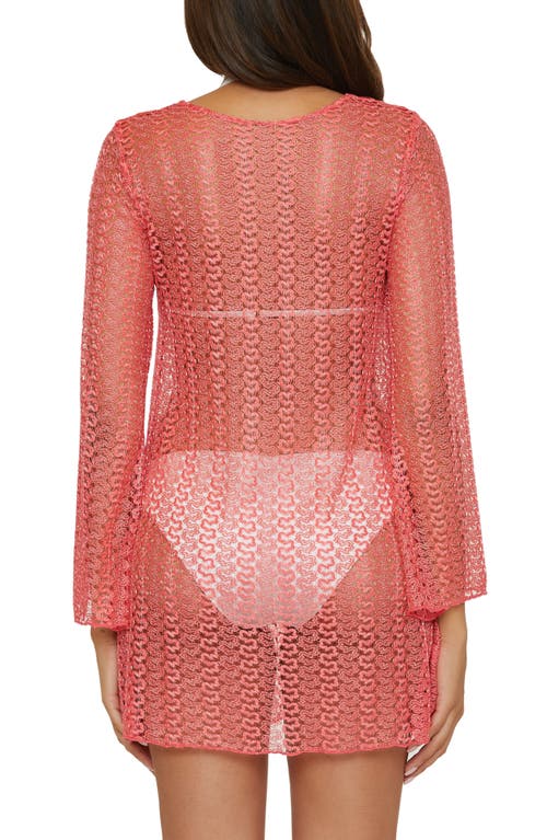 Shop Becca Golden Beach Long Sleeve Lace Cover-up Tunic In Coral Reef