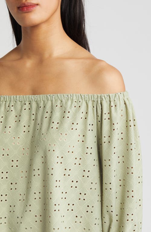 Shop Loveappella Eyelet Off The Shoulder Top In Sage