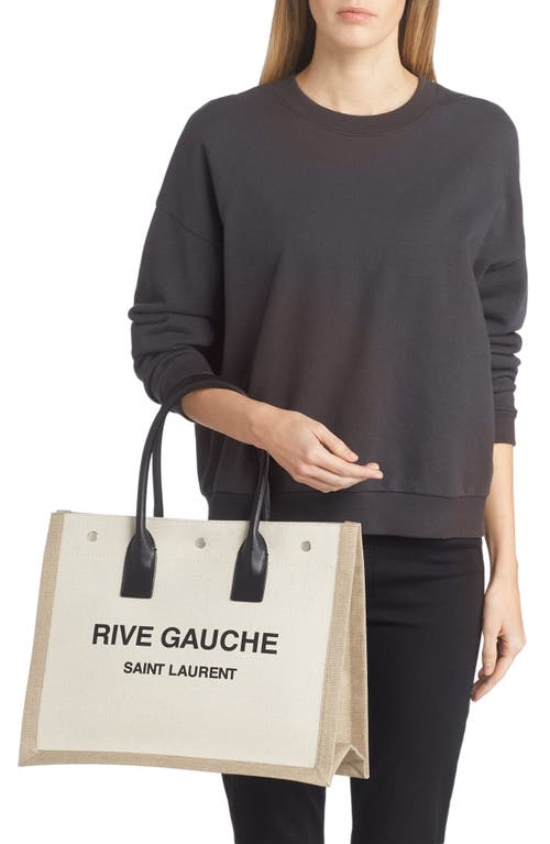 Shop Saint Laurent Small Rive Gauche Logo Canvas Tote In Greggio/natural