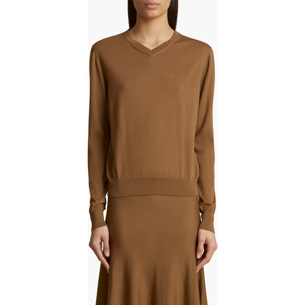 Shop Khaite Senta Wool Blend V-neck Sweater In Cafe