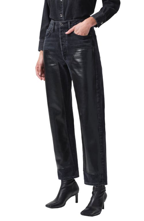 Ryder High Waist Organic Cotton Straight Leg Jeans with Recycled Leather Blend Panel in Ink/Detox
