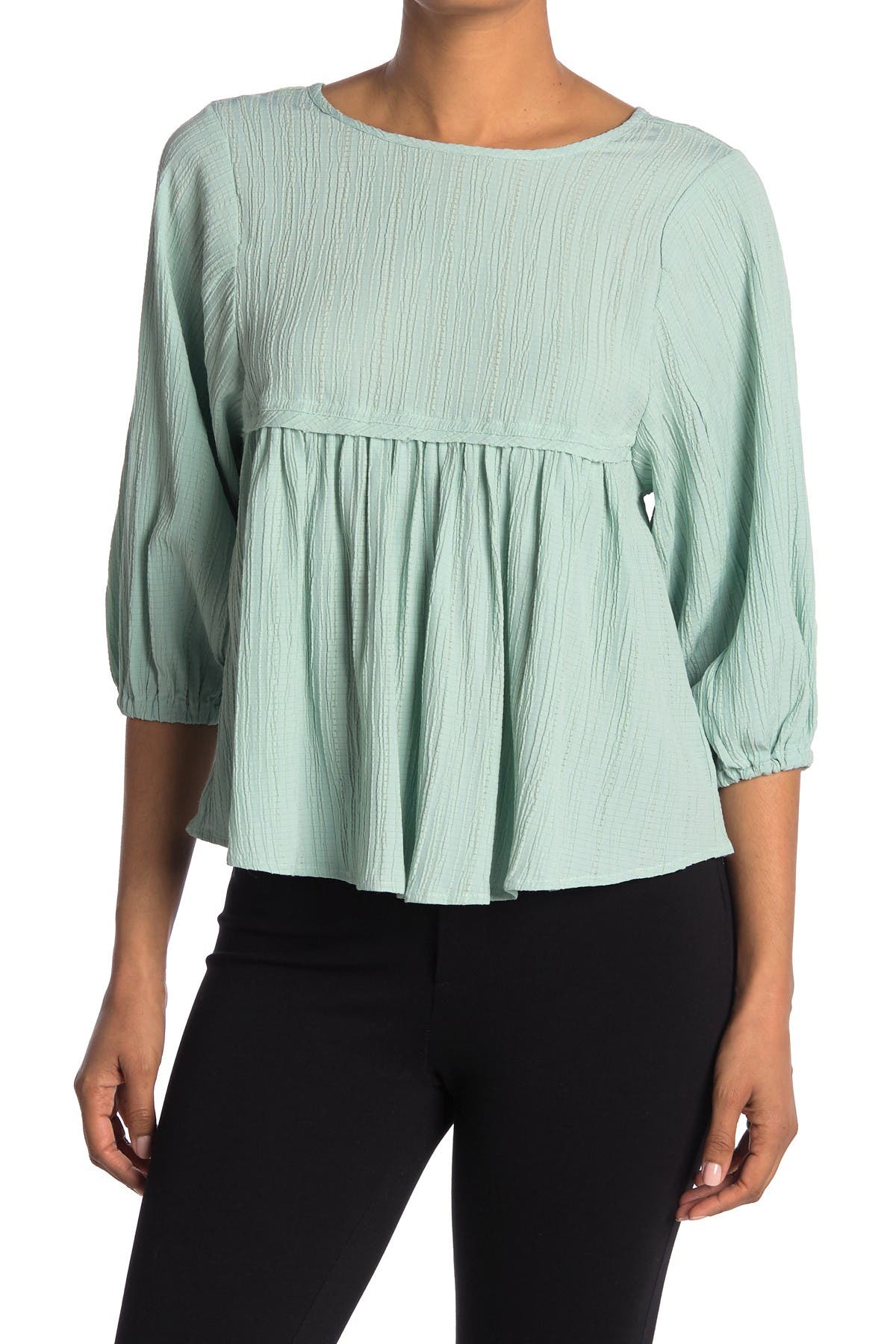 Melloday Crinkle Woven 3/4 Sleeve Top In Light/pastel Green