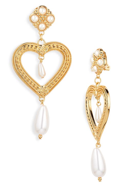 Imitation Pearl Embellished Heart Drop Clip-On Earrings