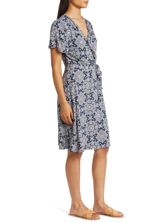 Shop Loveappella Short Sleeve Faux Wrap Dress In Navy/ivory