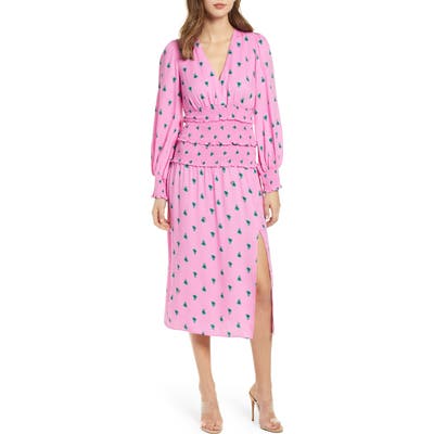 Afrm Hazel Print Smocked Crepe Dress, Pink