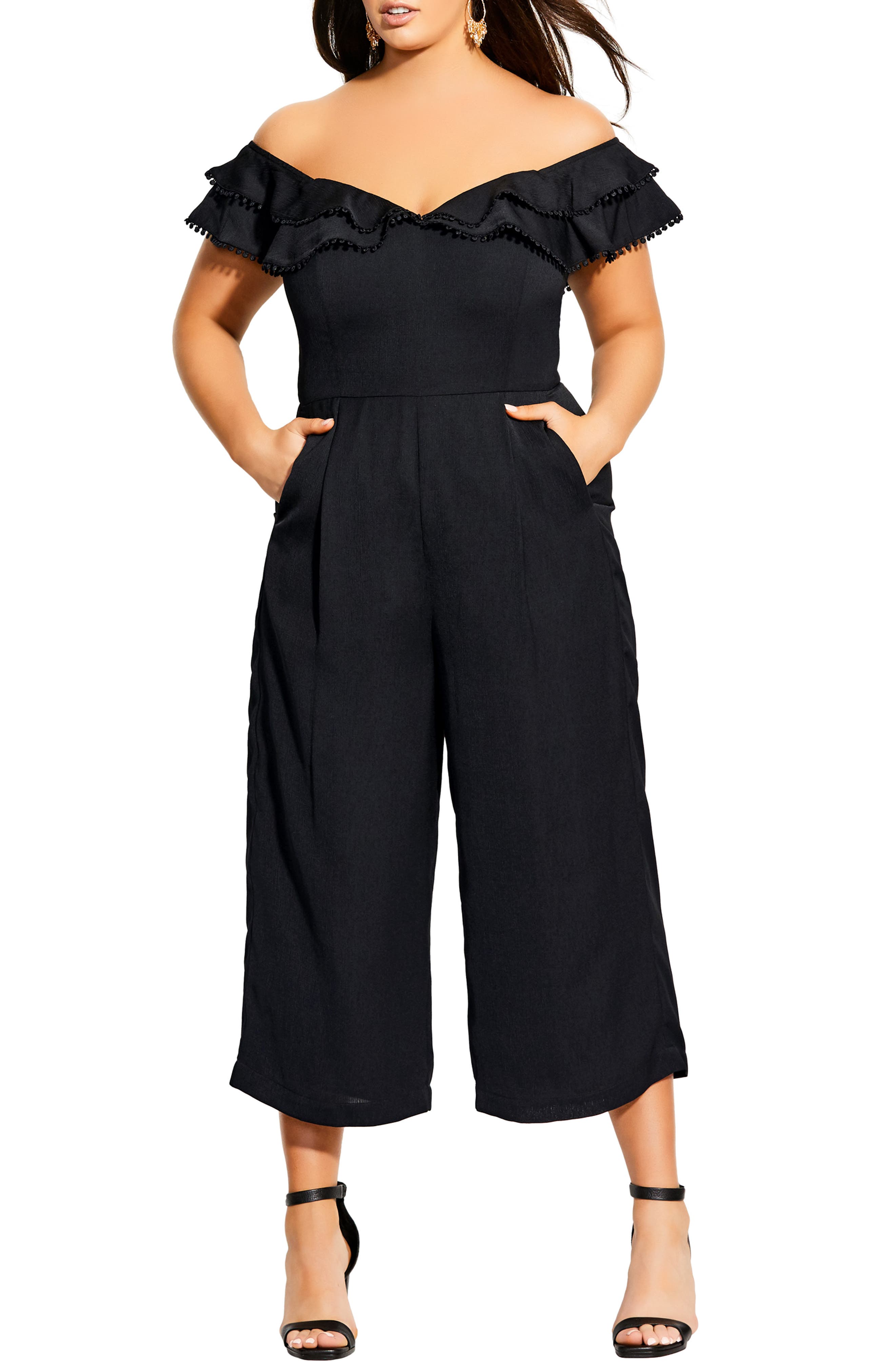 city chic off the shoulder jumpsuit