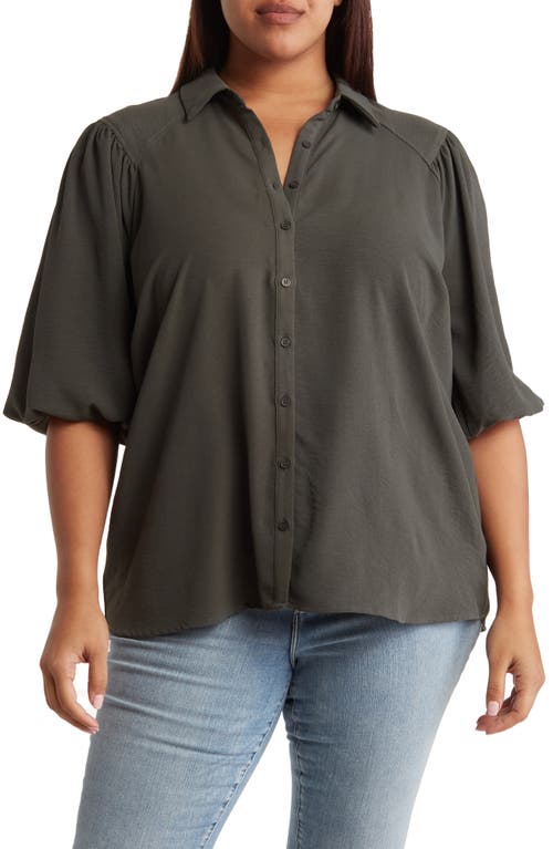 Pleione Crinkle Balloon Sleeve Button Front Top (Plus Size) in Cypress