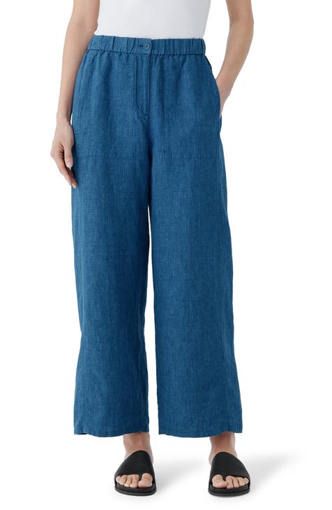 $240 120% Lino Women's Blue Wide-Leg Linen Beach Pants Size 42