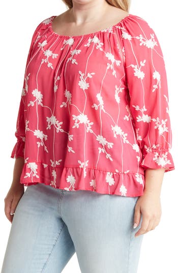 Forgotten Grace Embroidered Ruffle Trim Blouse In Pink