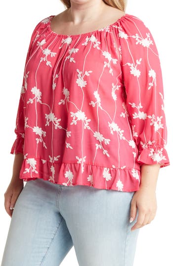 Shop Forgotten Grace Embroidered Ruffle Trim Blouse In Fuchsia/white