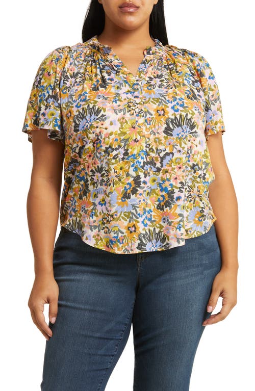 Wit & Wisdom Ruffle Edge Floral Print Top in Macademia/Pesto Multi at Nordstrom, Size 2X