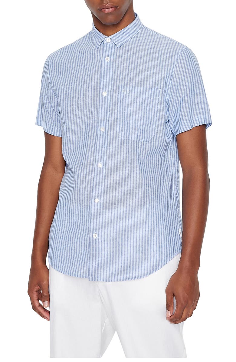 Armani Exchange Stripe Linen & Cotton Short Sleeve Button-Up Shirt |  Nordstrom