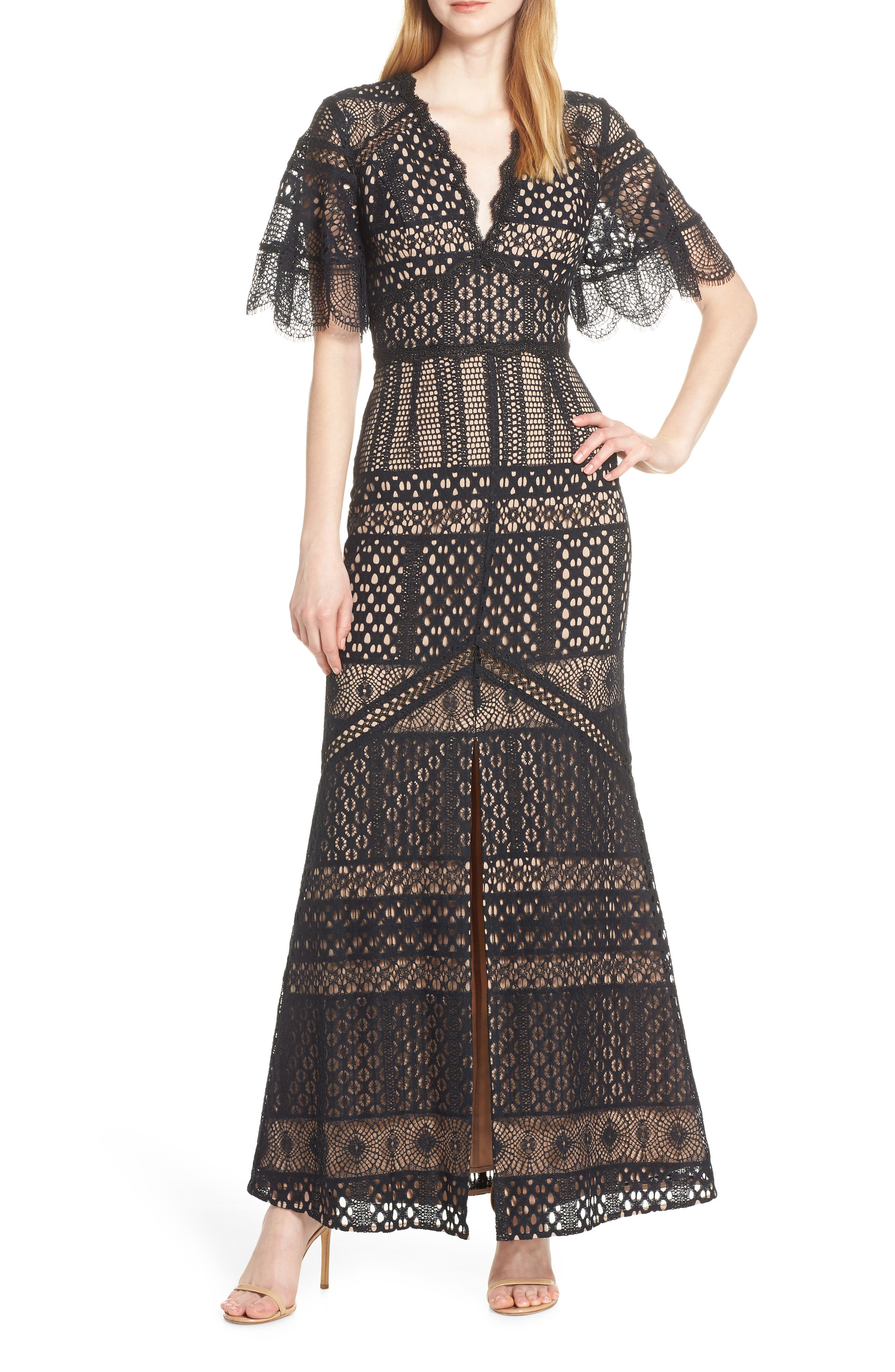 Harlyn Flutter Sleeve Lace Evening Gown, Black