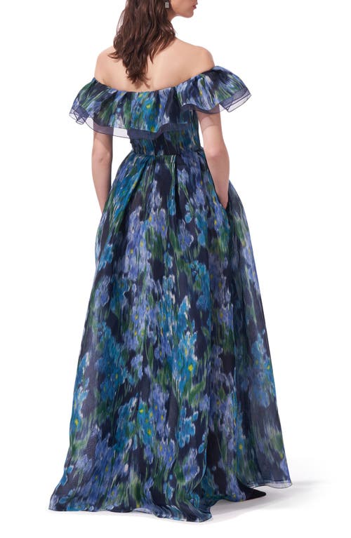 Shop Carolina Herrera Floral Print Off The Shoulder Silk Chiffon Ballgown In Midnight Multi