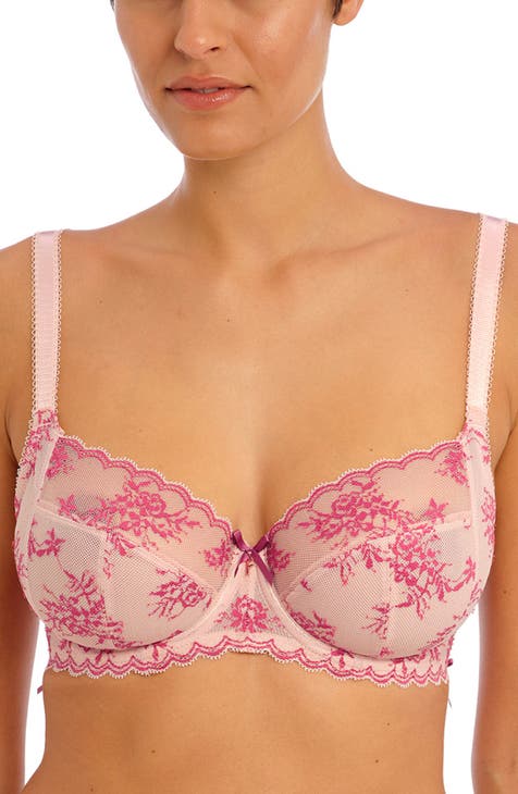 Women's Sheer Mesh Sexy Full Bust Eyelash Lace Floral Plunge Bra Minimizer  Unlined Underwire Unpadded Bra, Pink, 32B : : Clothing, Shoes &  Accessories