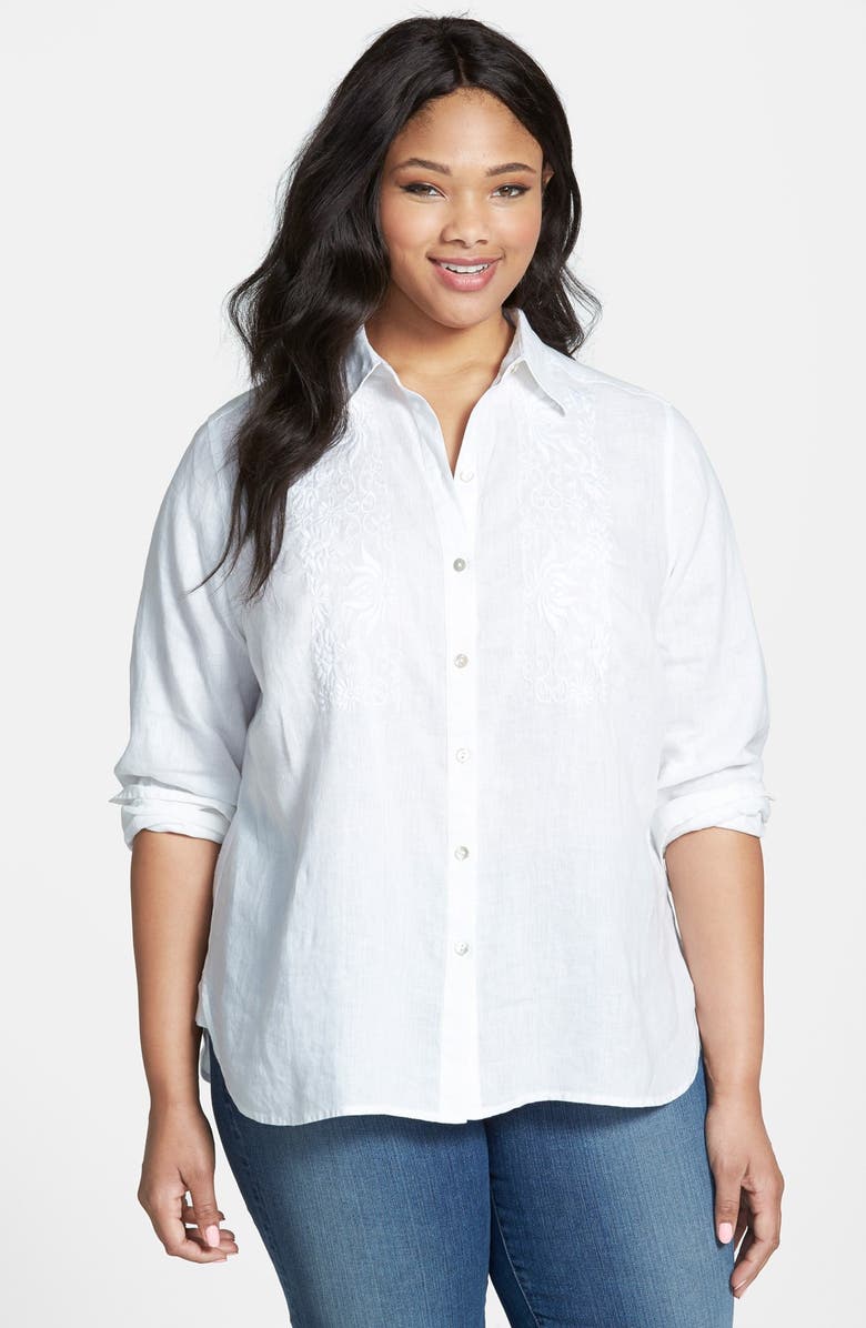 Foxcroft Embroidered Linen Shirt (Plus Size) | Nordstrom