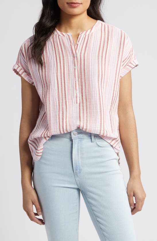 Shop Caslon (r) Stripe Cotton Gauze Henley In Ivory Cloud- Pink Vera Stripe