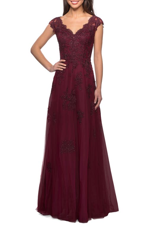 La Femme Embellished Tulle & Lace A-Line Gown in Burgundy