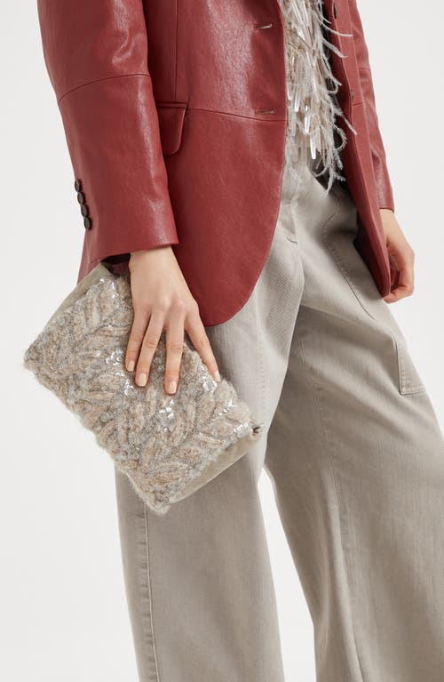 Shop Brunello Cucinelli Suede And Alpaca Clutch Bag With Dazzling Fern Embroidery In Sand