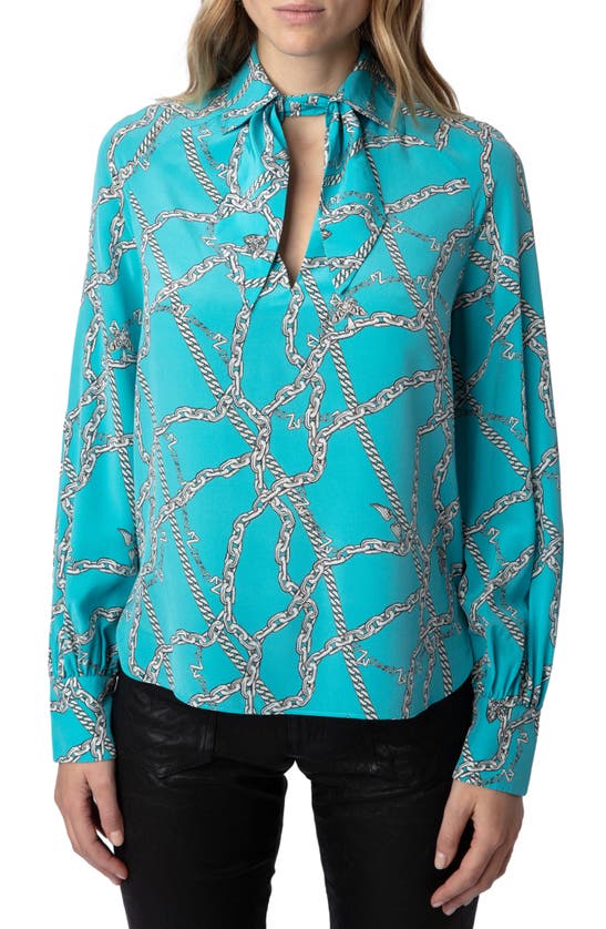 Shop Zadig & Voltaire Tuile Chain Print Balloon Sleeve Silk Top In Aqua