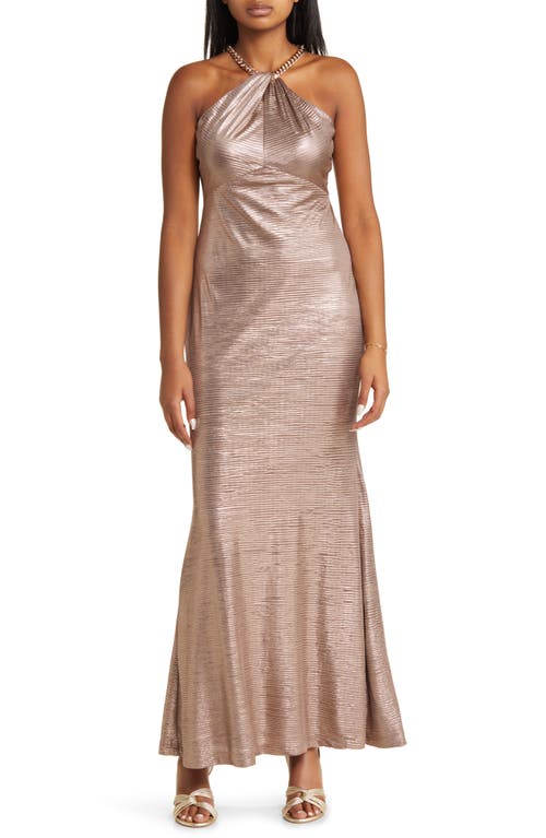 Metallic Embellished Twist Neck Gown in Taupe