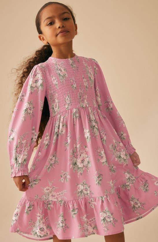 Shop Laura Ashley Kids' Smocked Long Sleeve Midi Dress In Pink Floral