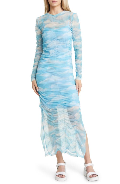 Long Sleeve Ruched Mesh Dress in Clouds