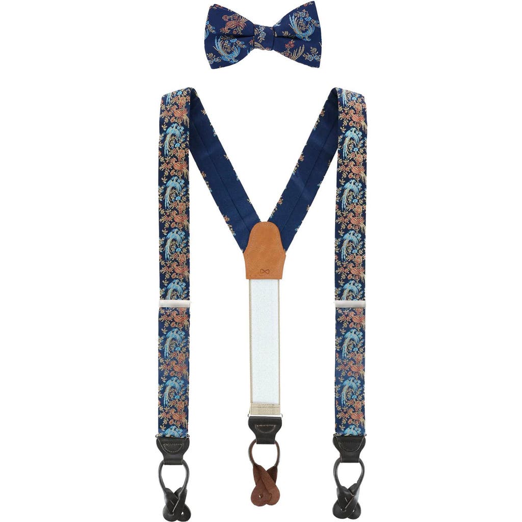 Trafalgar Birds Of Prosperity Silk Button End Suspenders (braces) And Bow Tie Set In Navy