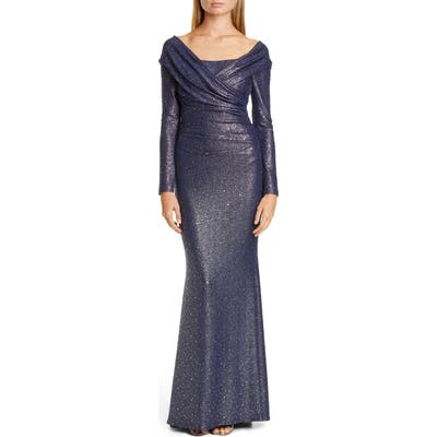Talbot Runhof Sequin Glitter Long Sleeve Mermaid Gown, Blue