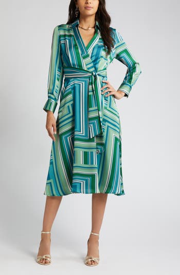 Multi-Colour Long Sleeve Satin Midi Shirt Dress