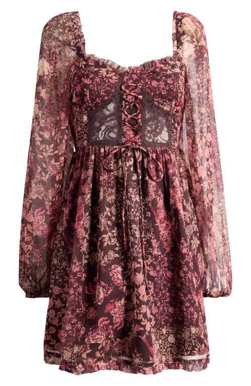 Miss Selfridge Floral Lace Inset Long Sleeve Corset Minidress In Brown Multi