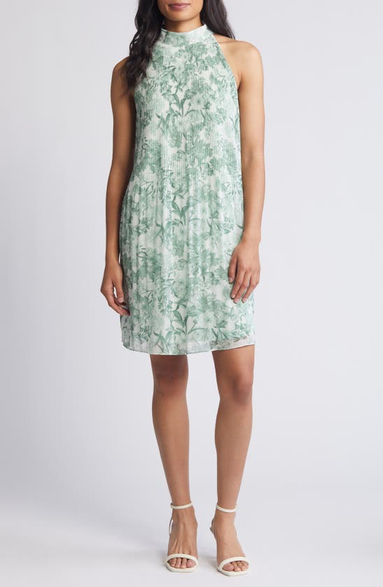 Shop Halogen ® Floral Print Release Pleat Mock Neck Dress In Subtle Grey