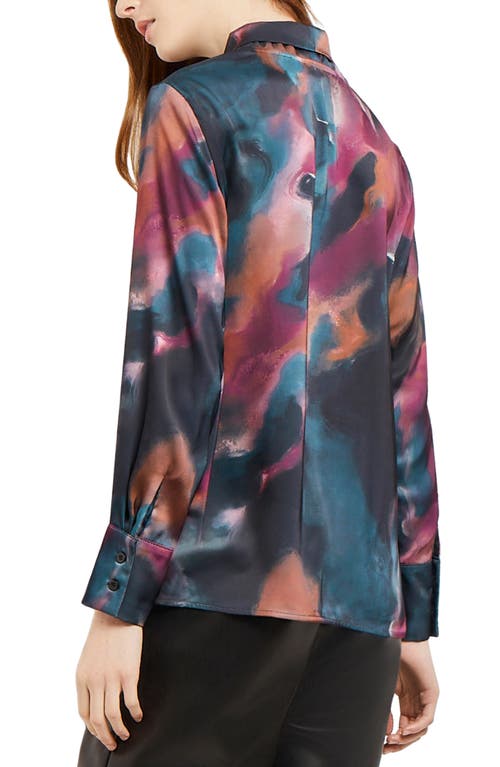 Misook Watercolor Tie Neck Crepe De Chine Blouse In Teal/multi