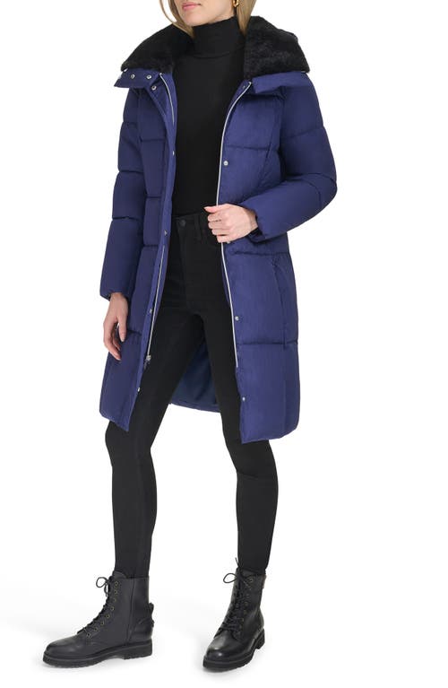 Shop Cole Haan Channel Quilted Shimmer Nylon Puffer Coat With Removable Hood In Navy