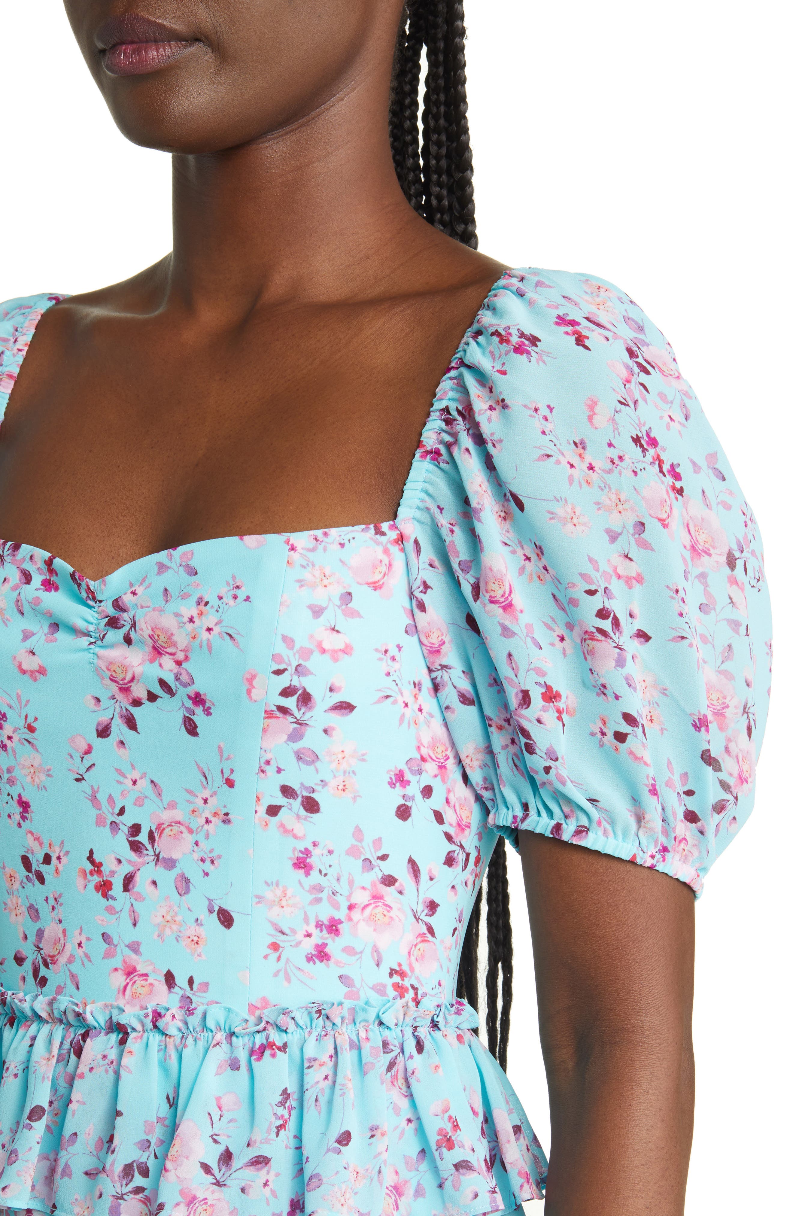 WAYF The Franki Floral Tiered Ruffle Dress in Turquoise Allover | Smart  Closet