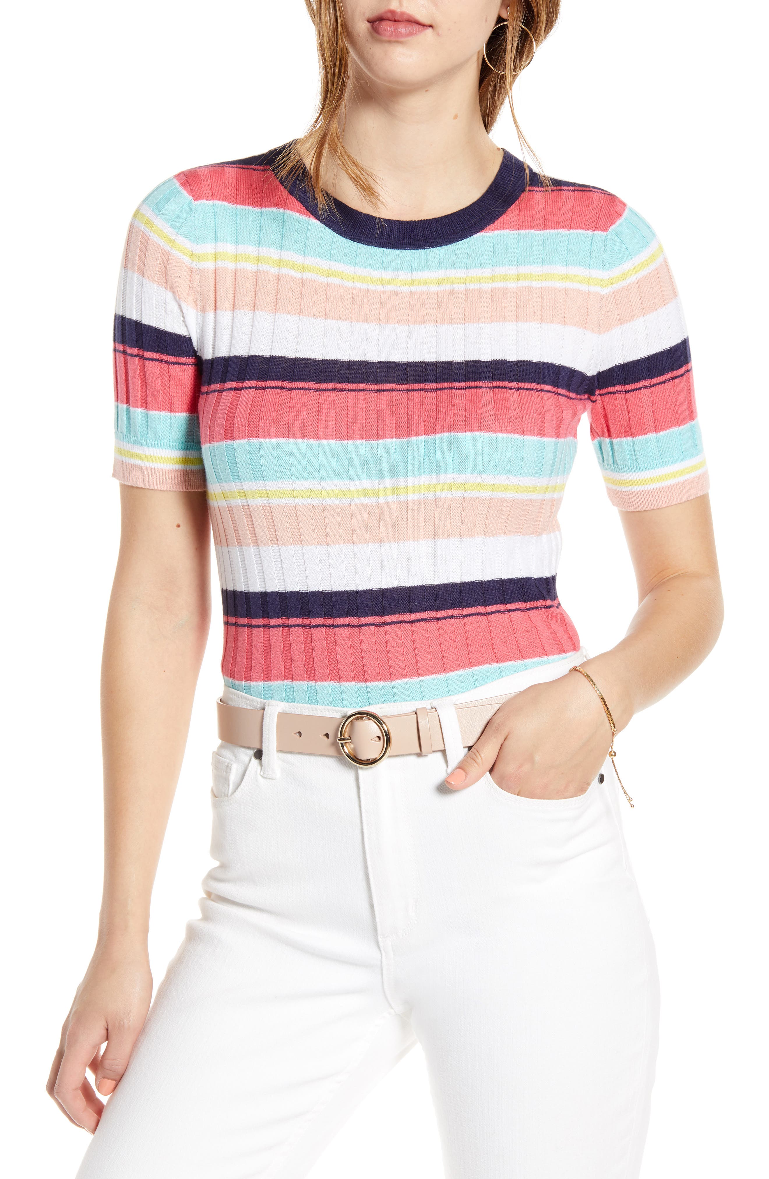 1901 Multistripe Short Sleeve Ribbed Sweater, Pink