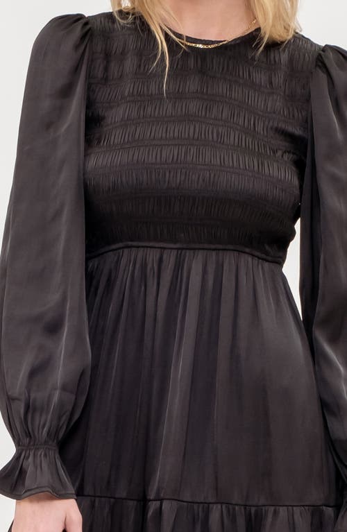 August Sky Satin Smocked Long Sleeve Dress In Black