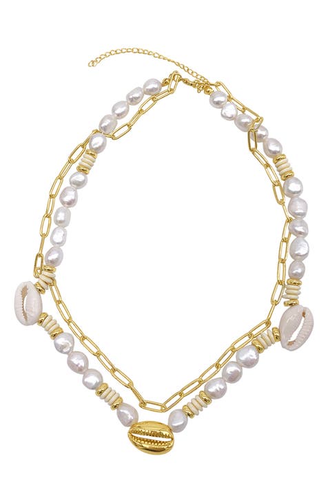 14K Yellow Gold Plated Cowrie Shell & Imitation Pearl Layered Paperclip Chain Necklace