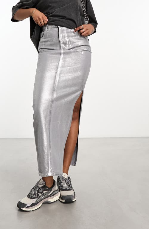 Metallic Denim Maxi Skirt in Silver