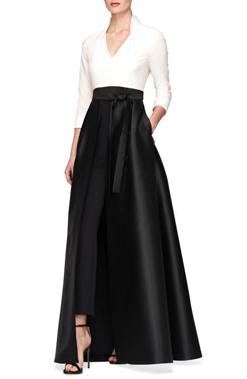 Kay Unger Sharon Tie Belt Three-quarter Sleeve Satin Maxi Jumpsuit In White Black
