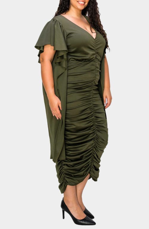 Shop L I V D Nadia Ruched V-neck Midi Dress In Army