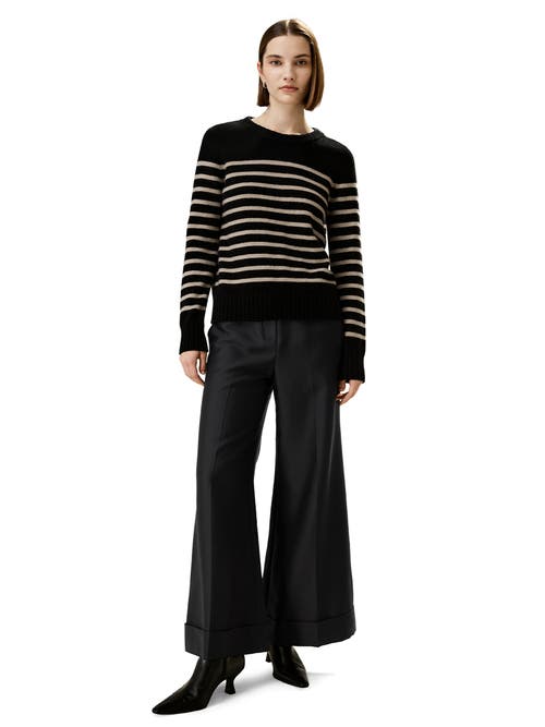 Shop Lilysilk Striped Round Collar Cashmere Sweater In Black