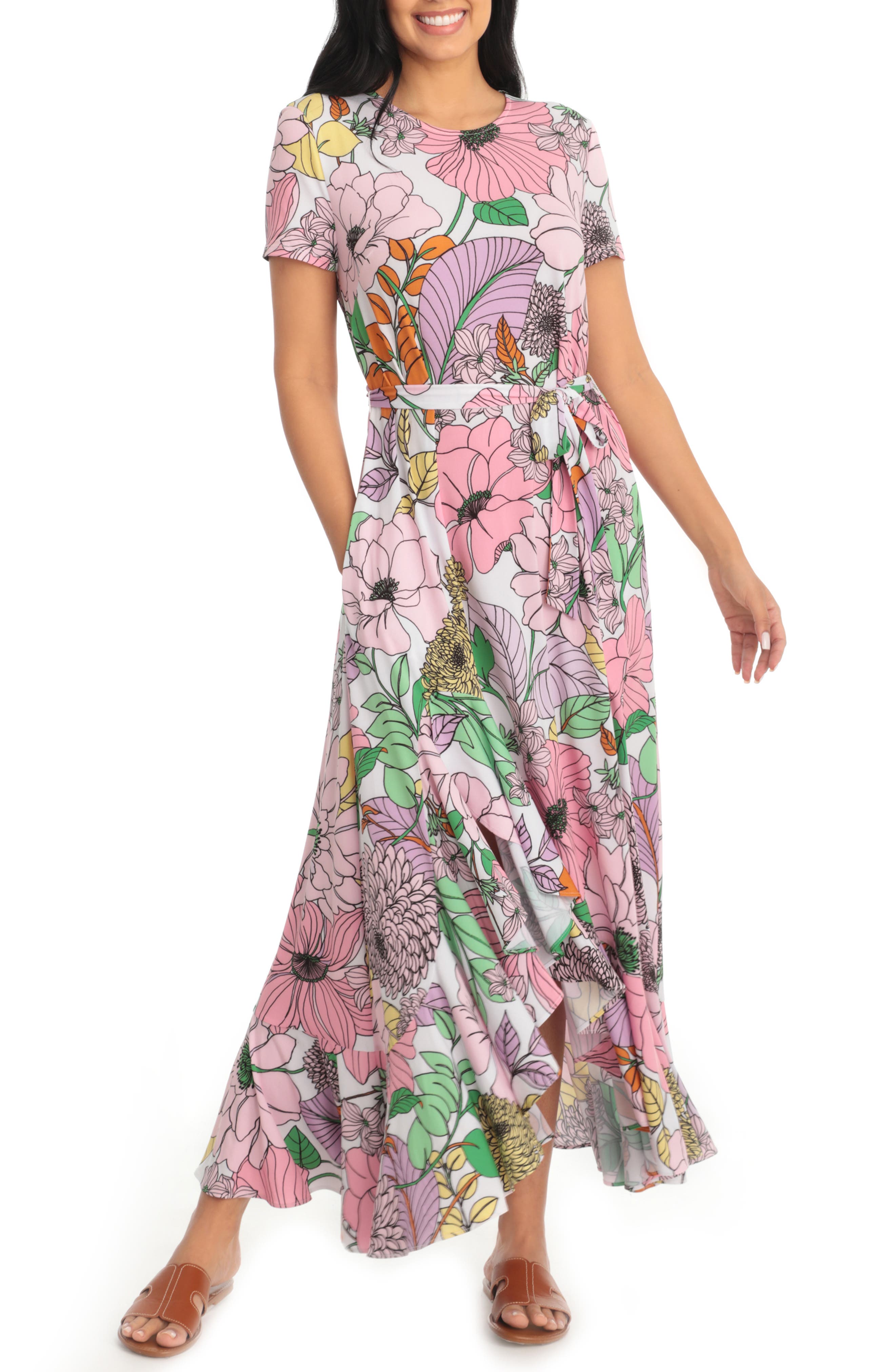London Times Retro Floral Short Sleeve Jersey Maxi Dress In Pink/lilac ...