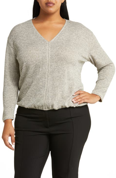 V-Neck Long Sleeve Ribbed Top (Plus)