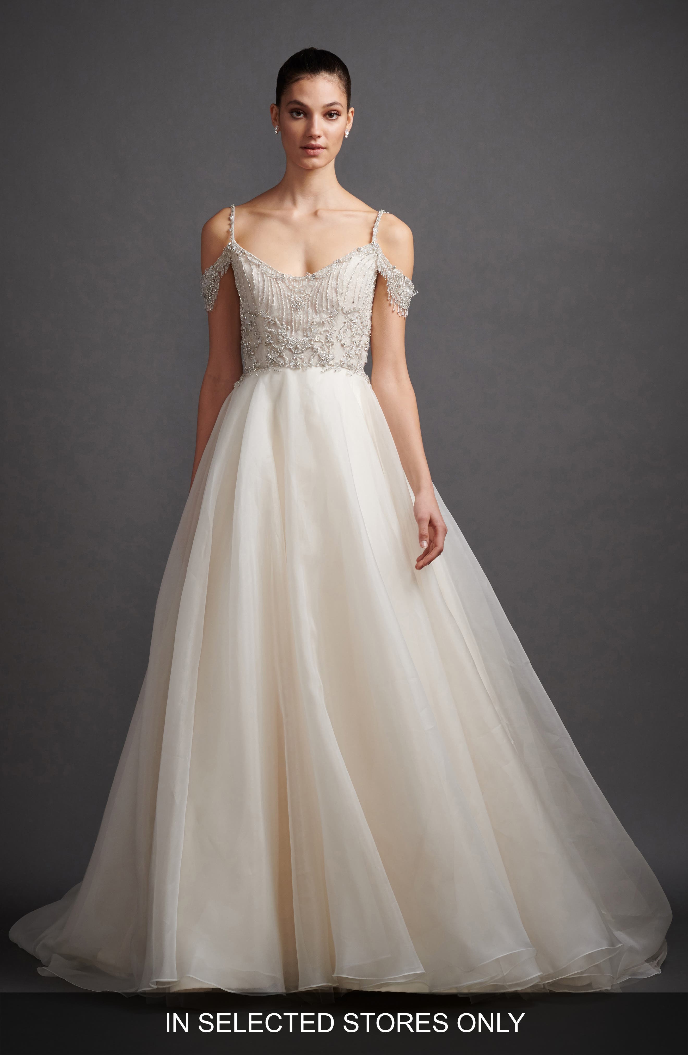 Lazaro Juliet Beaded Off The Shoulder Organza Wedding Dress, Size - Ivory
